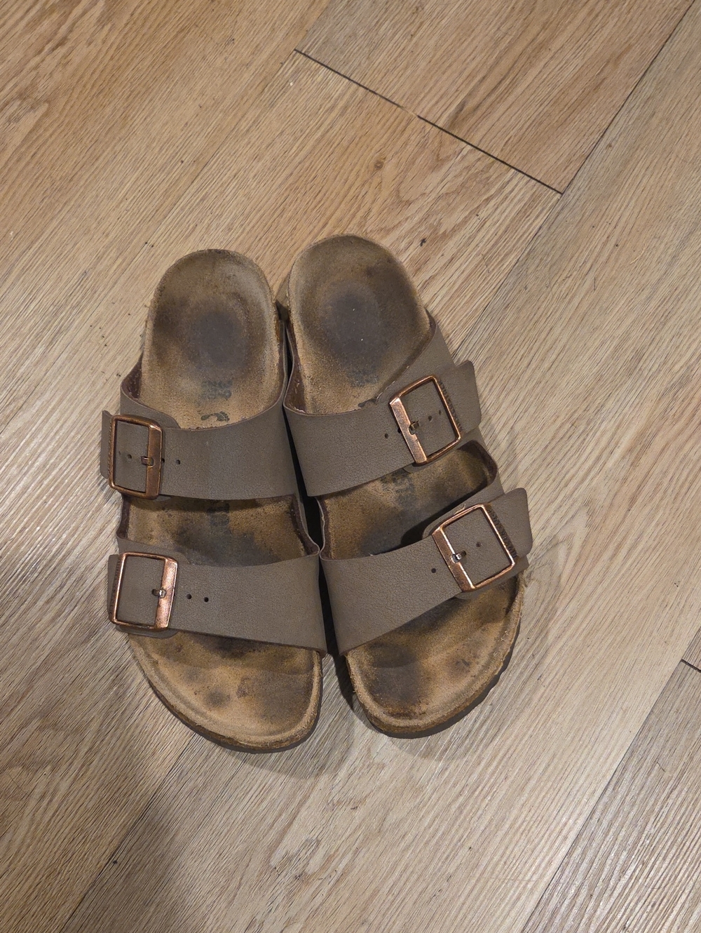 Birkenstock Taupe Double-Strap Sandals with Copper Buckles